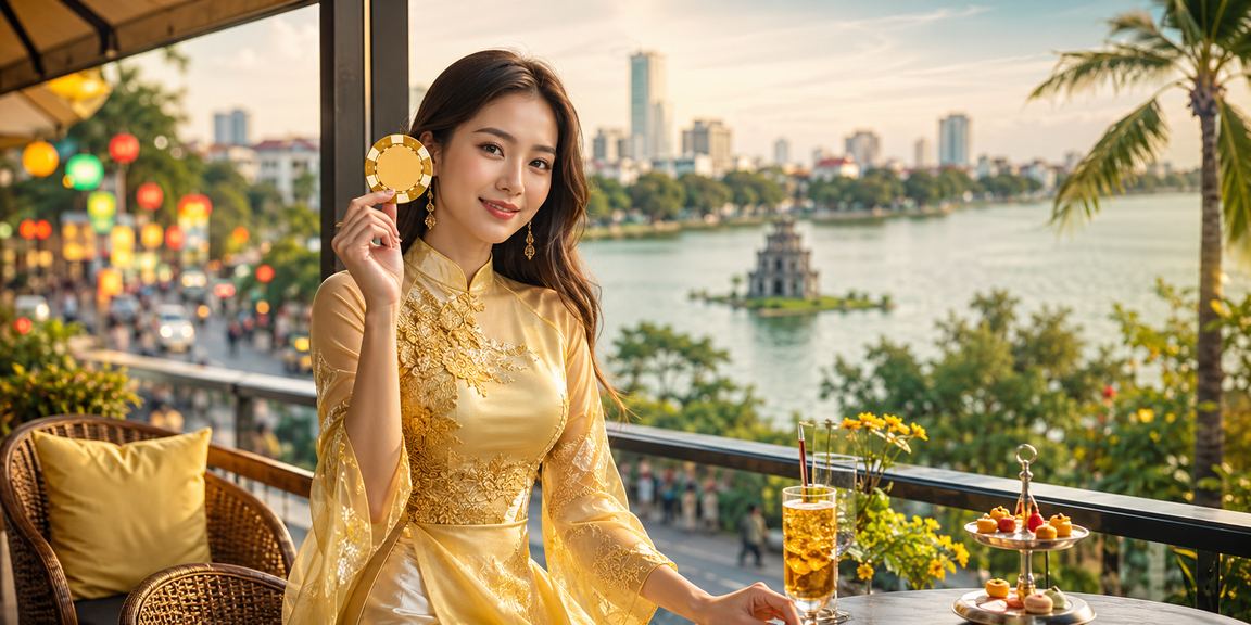 Phụ nữ mặc áo dài Hà Nội sử dụng điện thoại để truy cập nền tảng cá cược trực tuyến