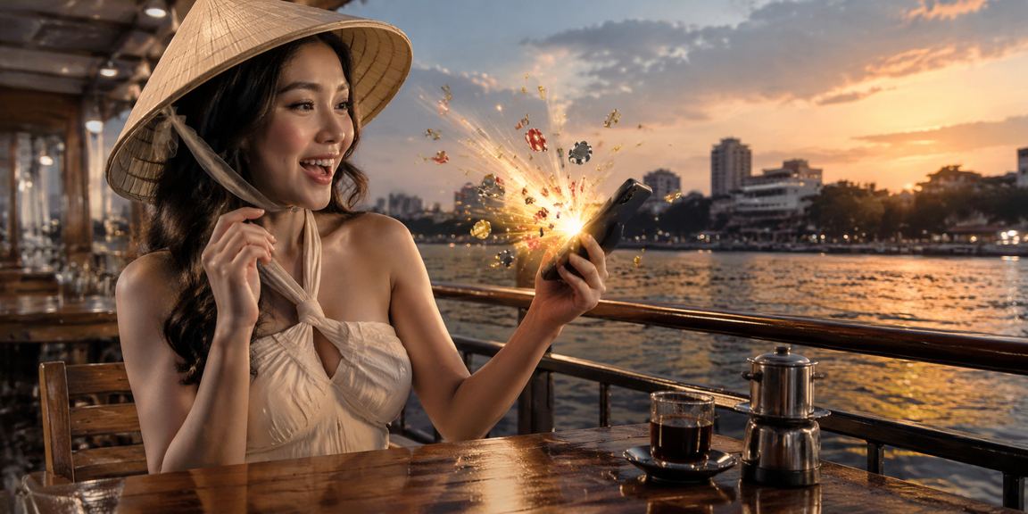 Người chơi tại Hà Nội sử dụng điện thoại di động trải nghiệm casino trực tuyến với nón lá truyền thống