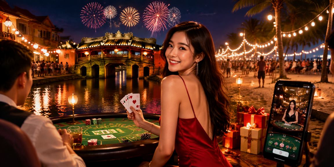 Bàn baccarat tại chợ đêm Hội An với ánh nến và không khí sôi động cuối tuần
