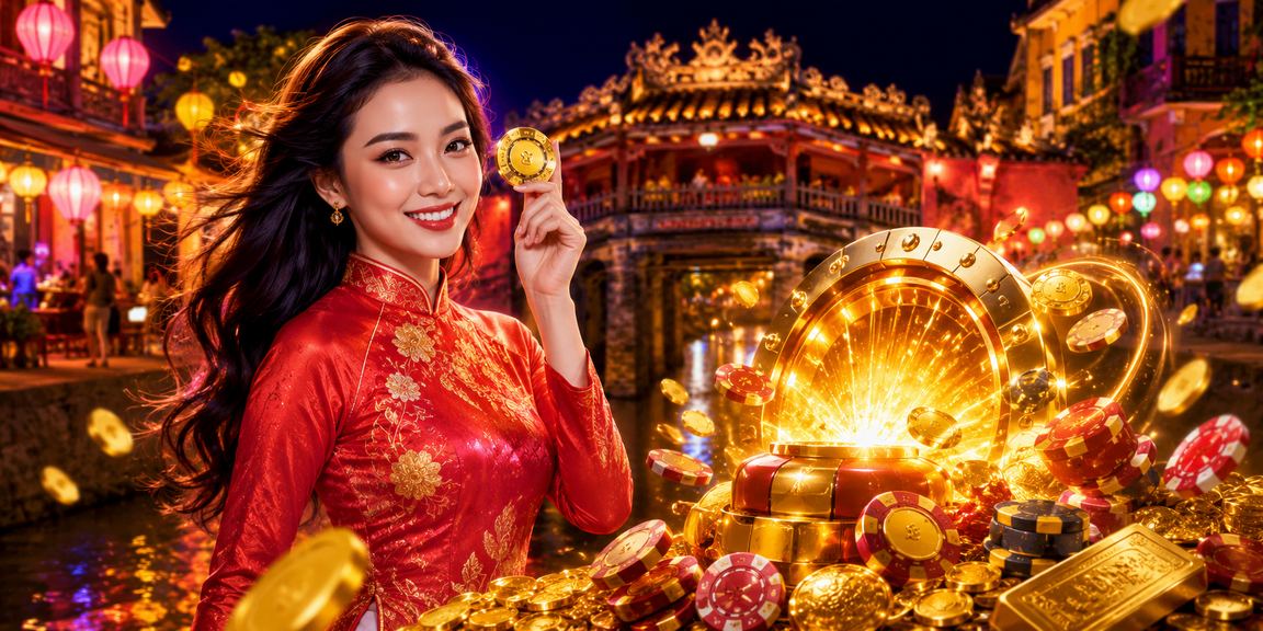 Người phụ nữ mặc áo dài tại Hội An tham gia trò chơi cá cược trực tuyến trong khung cảnh cổ kính