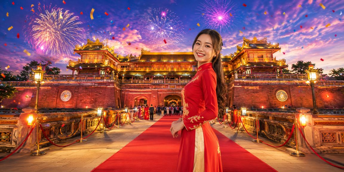 Phụ nữ mặc áo dài Huế sử dụng ứng dụng casino trên điện thoại tại không gian cổ kính